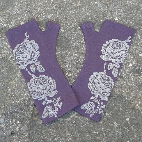 Purple Rose 100% Merino Wool Fingerless Gloves, Hand Printed with Dark Silver Floral, Designed by Kate Watts, Made in New Zealand in Saudi Arabia