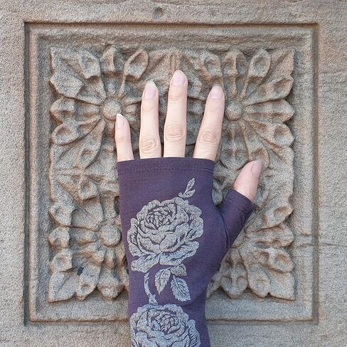 Purple Rose 100% Merino Wool Fingerless Gloves, Hand Printed with Dark Silver Floral, Designed by Kate Watts, Made in New Zealand in Saudi Arabia