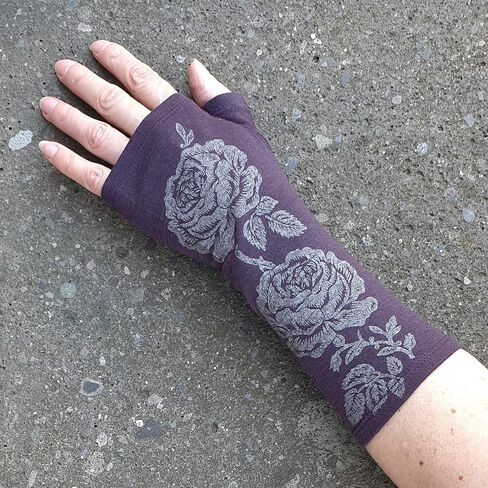 Purple Rose 100% Merino Wool Fingerless Gloves, Hand Printed with Dark Silver Floral, Designed by Kate Watts, Made in New Zealand in Saudi Arabia