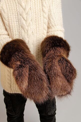 Long Beaver Fur Mittens with Fur Lining, Fur Gloves for Snowmobiling (Medium) in Saudi Arabia