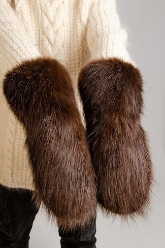 Long Beaver Fur Mittens with Fur Lining, Fur Gloves for Snowmobiling (Medium) in Saudi Arabia