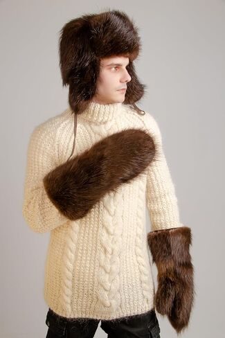 Long Beaver Fur Mittens with Fur Lining, Fur Gloves for Snowmobiling (Medium) in Saudi Arabia