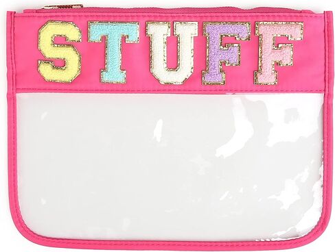 Varsity Letter Pouch Clear Zippered Bag with Chenille and Gold Patches Pink Stuff in Saudi Arabia