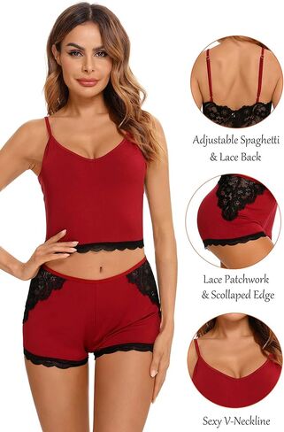 Aranmei ملابس نوم نسائية طقم بيجامات مثير دانتيل مزين برقبة على شكل حرف V ملابس داخلية كامي شورت قطعتين مجموعة Pjs in Kuwait