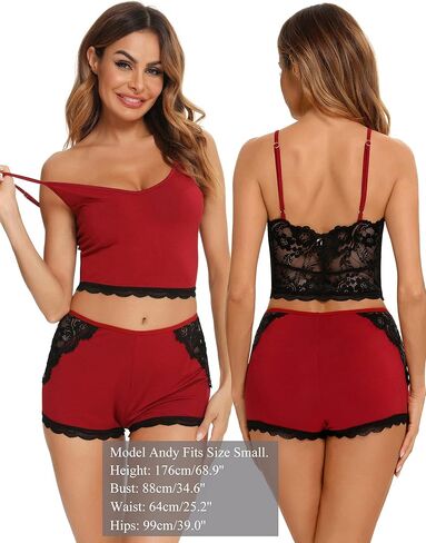 Aranmei ملابس نوم نسائية طقم بيجامات مثير دانتيل مزين برقبة على شكل حرف V ملابس داخلية كامي شورت قطعتين مجموعة Pjs in Kuwait