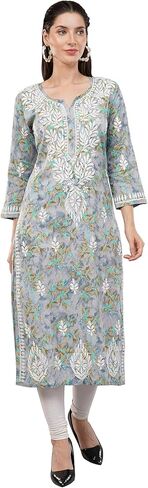 Floral Chikankari Kurta Kurti for Women, Hand Embroidered, Designs and Prints May Vary (XS-36, Peach) in Saudi Arabia