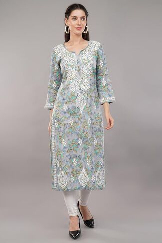 Floral Chikankari Kurta Kurti for Women, Hand Embroidered, Designs and Prints May Vary (XS-36, Peach) in Saudi Arabia