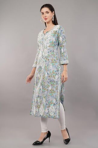 Floral Chikankari Kurta Kurti for Women, Hand Embroidered, Designs and Prints May Vary (XS-36, Peach) in Saudi Arabia