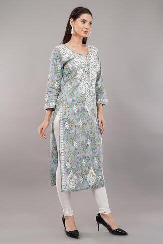Floral Chikankari Kurta Kurti for Women, Hand Embroidered, Designs and Prints May Vary (XS-36, Peach) in Saudi Arabia
