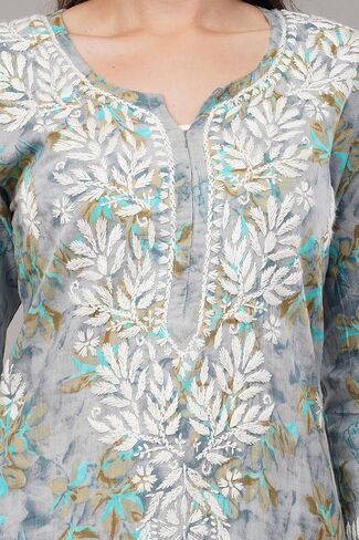 Floral Chikankari Kurta Kurti for Women, Hand Embroidered, Designs and Prints May Vary (XS-36, Peach) in Saudi Arabia