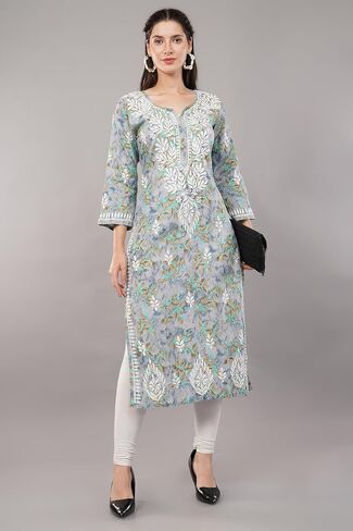 Floral Chikankari Kurta Kurti for Women, Hand Embroidered, Designs and Prints May Vary (XS-36, Peach) in Saudi Arabia
