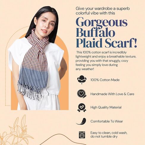 9 Color tones 100% Cotton Plaid Scarf for Women – 15 x 66 Inch Handmade Scarf with Jacquard Braid – Gorgeous Non-Fading Colors – Breathable and Skin-Friendly Scarf – Ideal for All Seasons in Kuwait
