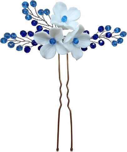 اليدوية الأزرق كريستال زهرة بيضاء دبابيس الشعر الزفاف حجر الراين الزهور الزفاف قطعة الشعر بوهو العرائس إكسسوارات الشعر وصيفات الشرف الشعر مجوهرات in Kuwait