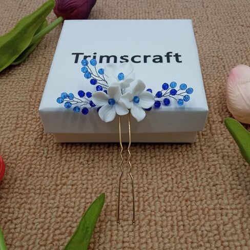 اليدوية الأزرق كريستال زهرة بيضاء دبابيس الشعر الزفاف حجر الراين الزهور الزفاف قطعة الشعر بوهو العرائس إكسسوارات الشعر وصيفات الشرف الشعر مجوهرات in Kuwait