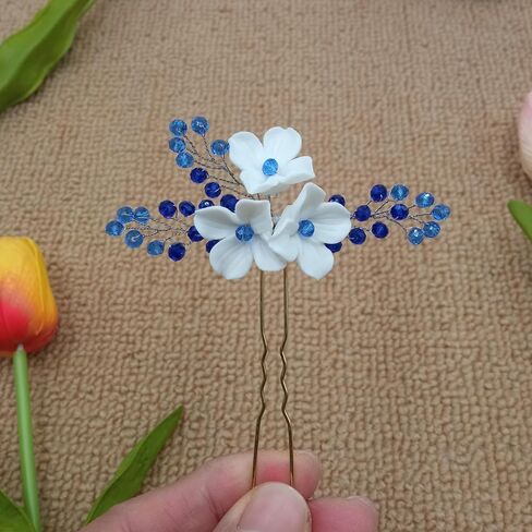اليدوية الأزرق كريستال زهرة بيضاء دبابيس الشعر الزفاف حجر الراين الزهور الزفاف قطعة الشعر بوهو العرائس إكسسوارات الشعر وصيفات الشرف الشعر مجوهرات in Kuwait