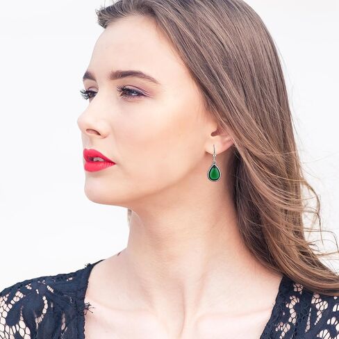 Emerald Green Dangle Drop Earrings Silver Teardrop Vintage Earrings Crystal Hanging Earrings Birthstone Earrings for Women Girls in Saudi Arabia