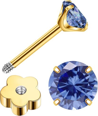 3mm Handmade G23 Titanium Flat Back Earrings 14k Gold Plated Small 5A+CZ Cartilage Earrings Studs Hypoallergenic Screw Back Nap Earrings Women Helix Tragus Piercing Jewelry Blue in Saudi Arabia