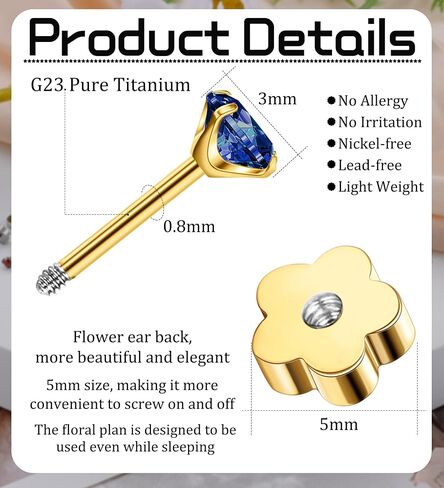 3mm Handmade G23 Titanium Flat Back Earrings 14k Gold Plated Small 5A+CZ Cartilage Earrings Studs Hypoallergenic Screw Back Nap Earrings Women Helix Tragus Piercing Jewelry Blue in Saudi Arabia