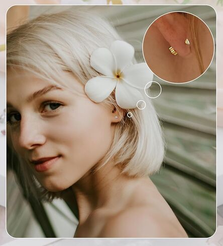3mm Handmade G23 Titanium Flat Back Earrings 14k Gold Plated Small 5A+CZ Cartilage Earrings Studs Hypoallergenic Screw Back Nap Earrings Women Helix Tragus Piercing Jewelry Blue in Saudi Arabia