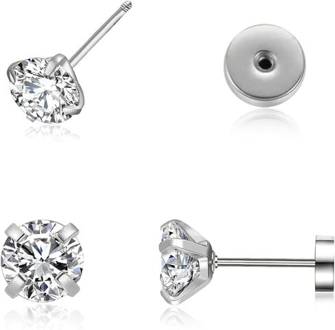 3mm Tiny Cubic Zirconia Screw on Stud Earrings,Unisex Flat Back Stud Earrings,Cartilage Tragus Helix Piercing Steel Hypoallergenic Earring Jewelry Gift for Women Men Girls Teens(Silver, 3mm) in Kuwait