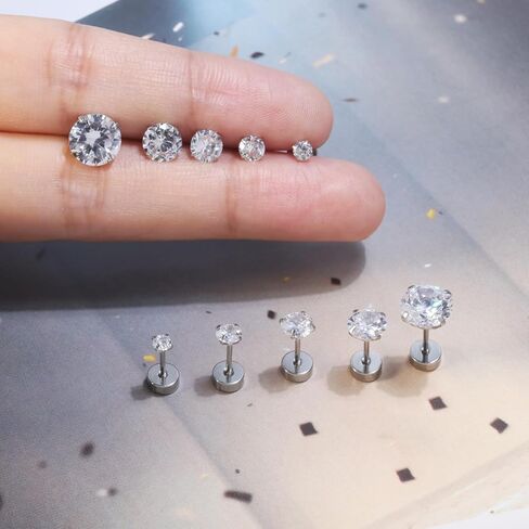 3mm Tiny Cubic Zirconia Screw on Stud Earrings,Unisex Flat Back Stud Earrings,Cartilage Tragus Helix Piercing Steel Hypoallergenic Earring Jewelry Gift for Women Men Girls Teens(Silver, 3mm) in Kuwait