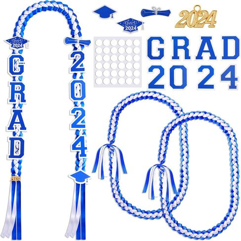 Yinkin Graduation Ribbon Leis Set فئة 2024 قلادة مزدوجة مضفرة مصنوعة يدويًا للخريجين قابلة للتعديل تتضمن فتحات حريرية Leis Grad 2024 قلادة لإكسسوارات حفلات التخرج (أزرق، أبيض) in Saudi Arabia