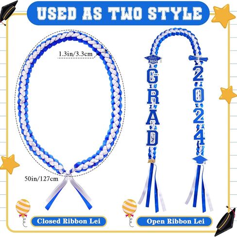 Yinkin Graduation Ribbon Leis Set فئة 2024 قلادة مزدوجة مضفرة مصنوعة يدويًا للخريجين قابلة للتعديل تتضمن فتحات حريرية Leis Grad 2024 قلادة لإكسسوارات حفلات التخرج (أزرق، أبيض) in Saudi Arabia