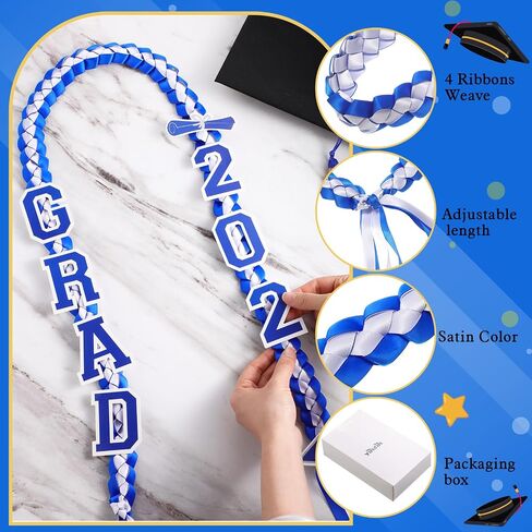 Yinkin Graduation Ribbon Leis Set فئة 2024 قلادة مزدوجة مضفرة مصنوعة يدويًا للخريجين قابلة للتعديل تتضمن فتحات حريرية Leis Grad 2024 قلادة لإكسسوارات حفلات التخرج (أزرق، أبيض) in Saudi Arabia