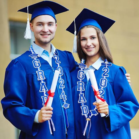 Yinkin Graduation Ribbon Leis Set فئة 2024 قلادة مزدوجة مضفرة مصنوعة يدويًا للخريجين قابلة للتعديل تتضمن فتحات حريرية Leis Grad 2024 قلادة لإكسسوارات حفلات التخرج (أزرق، أبيض) in Saudi Arabia