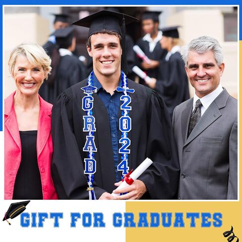 Yinkin Graduation Ribbon Leis Set فئة 2024 قلادة مزدوجة مضفرة مصنوعة يدويًا للخريجين قابلة للتعديل تتضمن فتحات حريرية Leis Grad 2024 قلادة لإكسسوارات حفلات التخرج (أزرق، أبيض) in Saudi Arabia