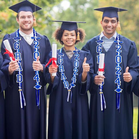 Yinkin Graduation Ribbon Leis Set فئة 2024 قلادة مزدوجة مضفرة مصنوعة يدويًا للخريجين قابلة للتعديل تتضمن فتحات حريرية Leis Grad 2024 قلادة لإكسسوارات حفلات التخرج (أزرق، أبيض) in Saudi Arabia