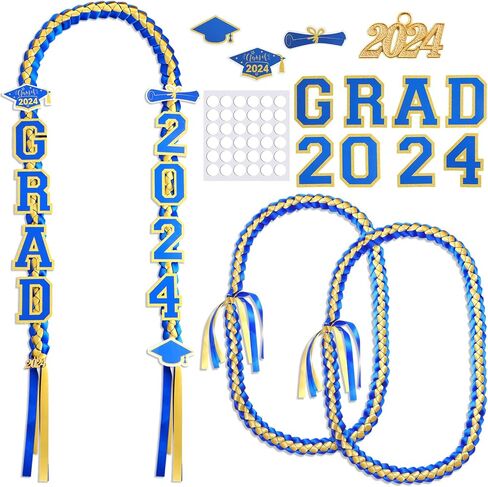 Yinkin Graduation Ribbon Leis Set فئة 2024 قلادة مزدوجة مضفرة مصنوعة يدويًا للخريجين قابلة للتعديل تتضمن فتحات حريرية Leis Grad 2024 قلادة لإكسسوارات حفلات التخرج (أزرق، أبيض) in Saudi Arabia