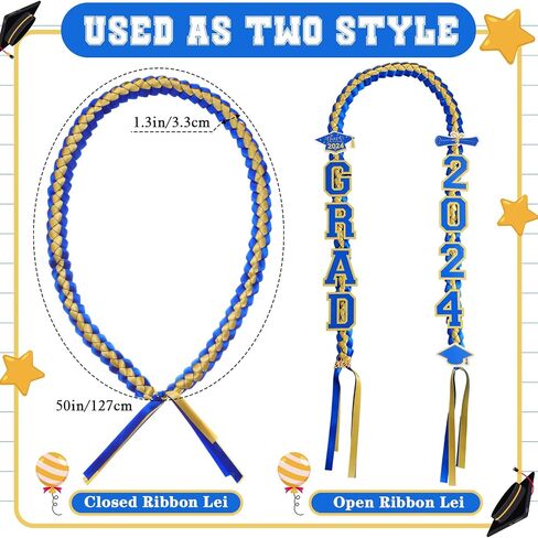 Yinkin Graduation Ribbon Leis Set فئة 2024 قلادة مزدوجة مضفرة مصنوعة يدويًا للخريجين قابلة للتعديل تتضمن فتحات حريرية Leis Grad 2024 قلادة لإكسسوارات حفلات التخرج (أزرق، أبيض) in Saudi Arabia