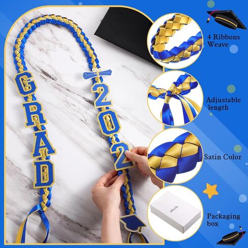 Yinkin Graduation Ribbon Leis Set فئة 2024 قلادة مزدوجة مضفرة مصنوعة يدويًا للخريجين قابلة للتعديل تتضمن فتحات حريرية Leis Grad 2024 قلادة لإكسسوارات حفلات التخرج (أزرق، أبيض) in Saudi Arabia