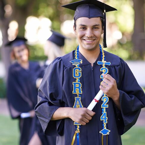 Yinkin Graduation Ribbon Leis Set فئة 2024 قلادة مزدوجة مضفرة مصنوعة يدويًا للخريجين قابلة للتعديل تتضمن فتحات حريرية Leis Grad 2024 قلادة لإكسسوارات حفلات التخرج (أزرق، أبيض) in Saudi Arabia