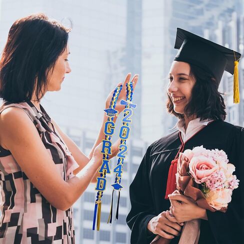 Yinkin Graduation Ribbon Leis Set فئة 2024 قلادة مزدوجة مضفرة مصنوعة يدويًا للخريجين قابلة للتعديل تتضمن فتحات حريرية Leis Grad 2024 قلادة لإكسسوارات حفلات التخرج (أزرق، أبيض) in Saudi Arabia