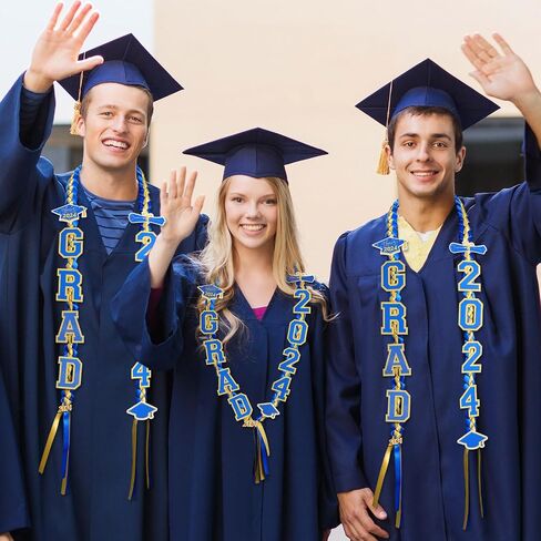 Yinkin Graduation Ribbon Leis Set فئة 2024 قلادة مزدوجة مضفرة مصنوعة يدويًا للخريجين قابلة للتعديل تتضمن فتحات حريرية Leis Grad 2024 قلادة لإكسسوارات حفلات التخرج (أزرق، أبيض) in Saudi Arabia