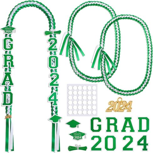 Yinkin Graduation Ribbon Leis Set فئة 2024 قلادة مزدوجة مضفرة مصنوعة يدويًا للخريجين قابلة للتعديل تتضمن فتحات حريرية Leis Grad 2024 قلادة لإكسسوارات حفلات التخرج (أزرق، أبيض) in Saudi Arabia