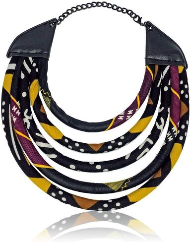 قلادة طباعة الطين المالي الأفريقي | قلادة من الحبال باللون الأسود والأصفر والذهبي والأرجواني والبني | القماش والحبل in Kuwait