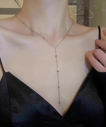 Lariat Necklaces for Women, Dainty Long Y Necklaces 14k Gold Plated Pendant Necklaces Minimalist Beaded Chain Best Idea Gift For Women Girls (Silver) in Saudi Arabia