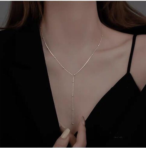 Lariat Necklaces for Women, Dainty Long Y Necklaces 14k Gold Plated Pendant Necklaces Minimalist Beaded Chain Best Idea Gift For Women Girls (Silver) in Saudi Arabia