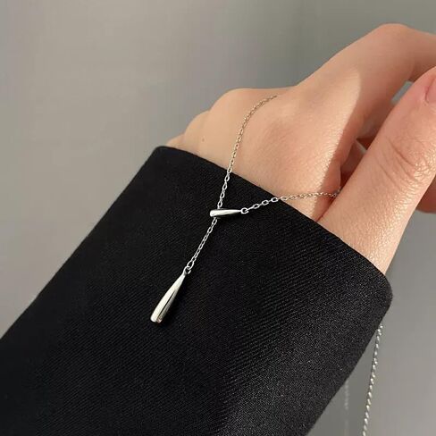 Teardrop Pendant Lariat Y Necklace, Dainty Long Necklaces 14k Gold Plated Sterling Silver Long Chain Necklace for Women Girls (Silver) in Kuwait