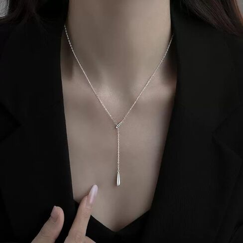 Teardrop Pendant Lariat Y Necklace, Dainty Long Necklaces 14k Gold Plated Sterling Silver Long Chain Necklace for Women Girls (Silver) in Kuwait