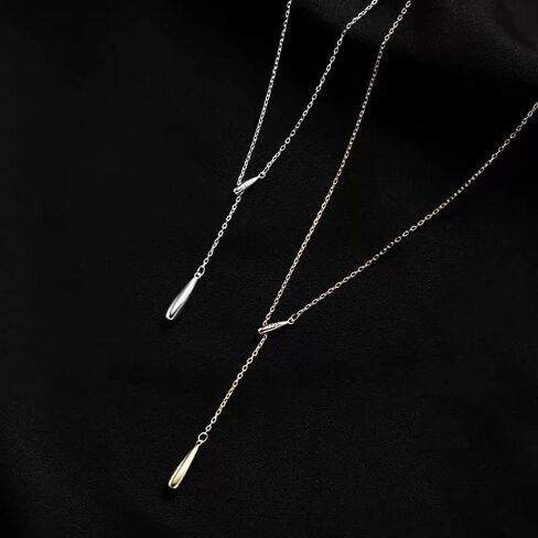 Teardrop Pendant Lariat Y Necklace, Dainty Long Necklaces 14k Gold Plated Sterling Silver Long Chain Necklace for Women Girls (Silver) in Kuwait