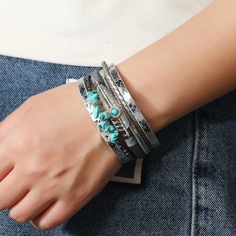 Turquoise Bracelet for Women, Leather Turquoise Bracelet, Boho Western Bracelet for Turquoise Jewelry Gift in Saudi Arabia