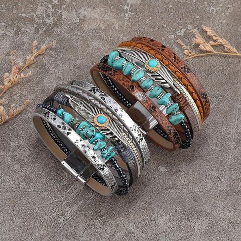 Turquoise Bracelet for Women, Leather Turquoise Bracelet, Boho Western Bracelet for Turquoise Jewelry Gift in Saudi Arabia