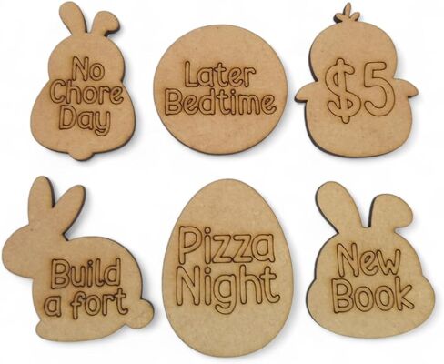 Easter Egg Tokens 30ct with Gift Bag, Personalized Tokens Available, Real Wood with 30 different engraved sayings, 6 designs, Natural Color, Easter Tokens for Kids, Activity Token (Bunny) in Saudi Arabia