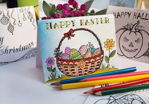 Coloring book of greeting cards: 24 handmade foldable cards to color | Premium Handmade Paperback Spiral Bound Coloring Book | Art and Sip Party, DIY Kit, Party favor | Easy & fun drawings to color in Kuwait