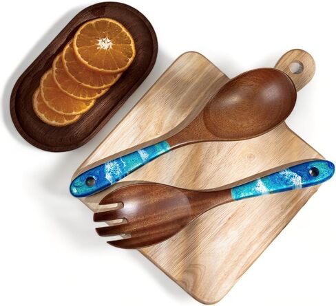 Handcrafted Wood & Epoxy Resin Salad Serving Set,10-inch, set of 2 - Wooden Fork and Spoon with Resin Handles For Serving Tossing Mixing Salad, Colorful Salad Servers for Dinner (Blue/Dark Blue) in Saudi Arabia