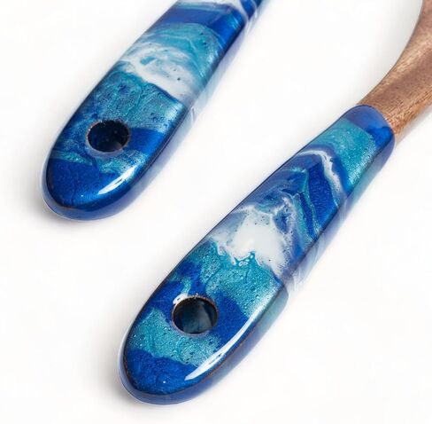 Handcrafted Wood & Epoxy Resin Salad Serving Set,10-inch, set of 2 - Wooden Fork and Spoon with Resin Handles For Serving Tossing Mixing Salad, Colorful Salad Servers for Dinner (Blue/Dark Blue) in Saudi Arabia